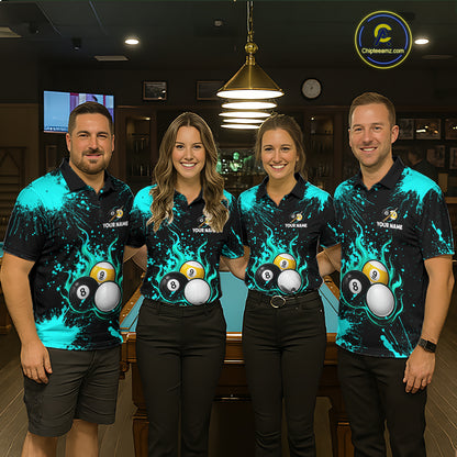 Teal Splatter Flame 8 Ball & 9 Ball Pool Polo 1/4-Zip Shirt For Women Personalized Billiard Team Apparel NYN3972