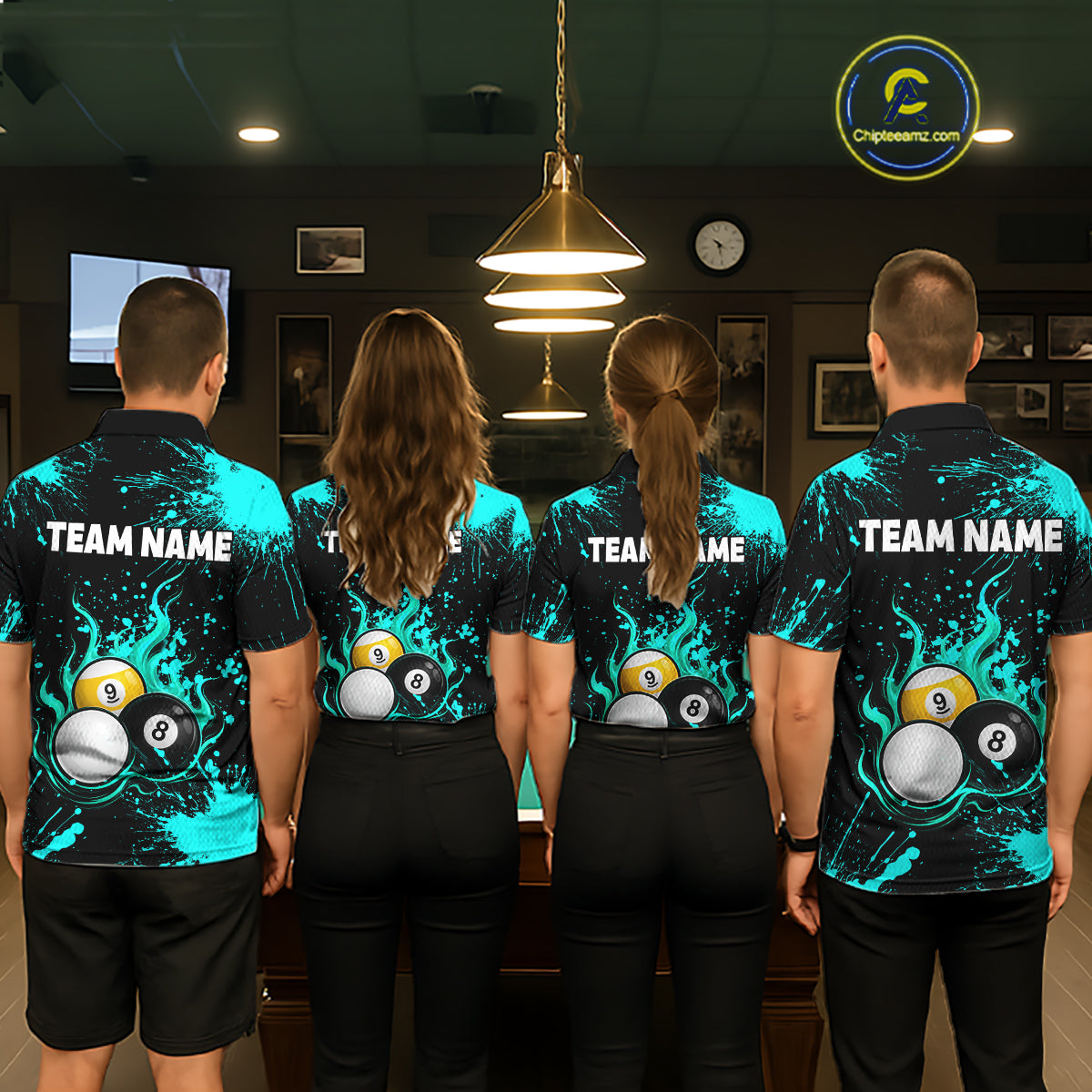 Teal Splatter Flame 8 Ball & 9 Ball Pool Polo 1/4-Zip Shirt For Women Personalized Billiard Team Apparel NYN3972