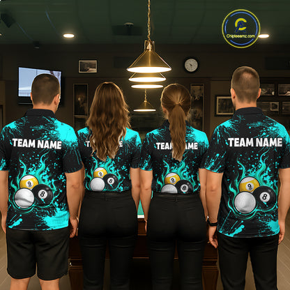 Teal Splatter Flame 8 Ball & 9 Ball Pool Polo 1/4-Zip Shirt For Women Personalized Billiard Team Apparel NYN3972