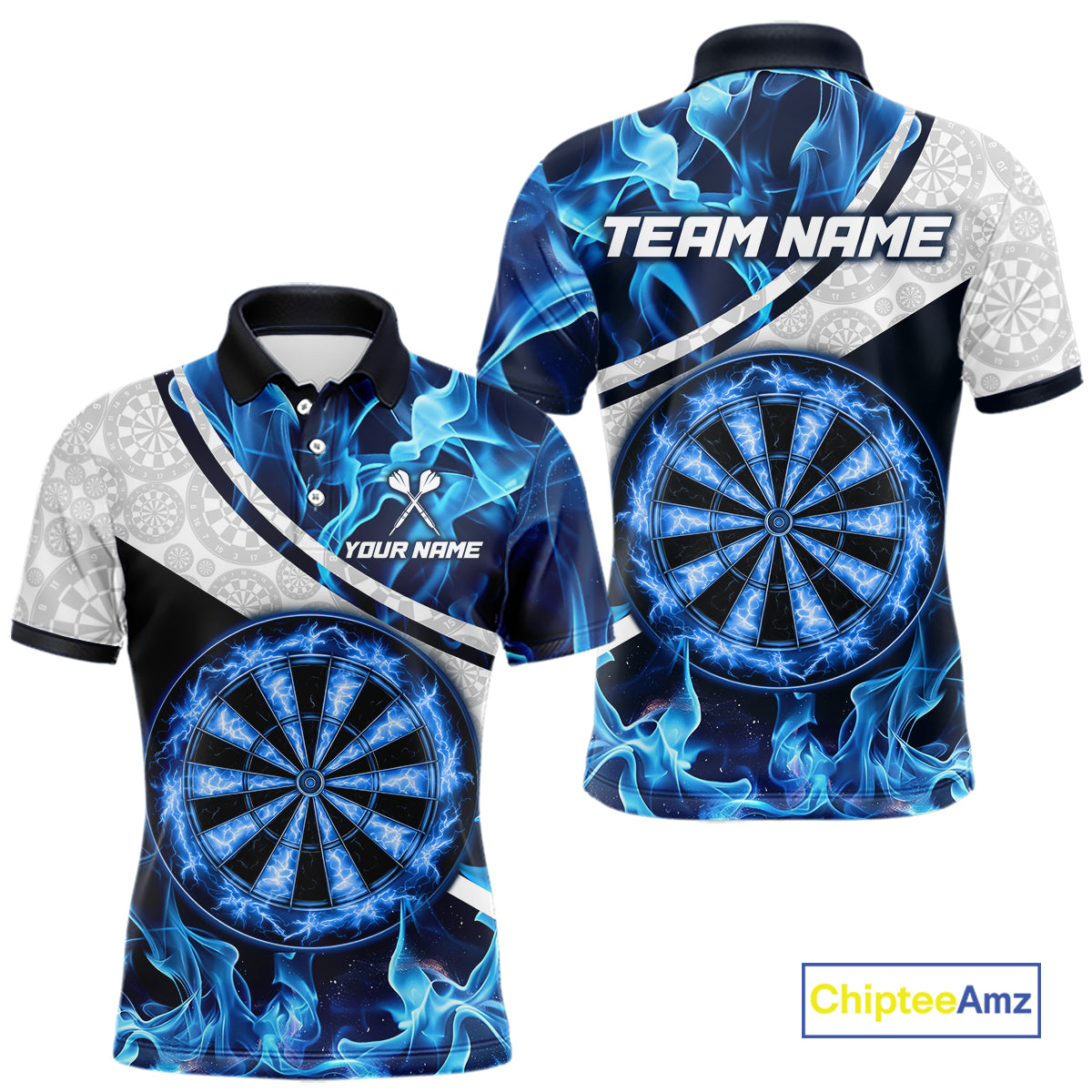 Personalized Blue Flaming Thunder Dartboard Men Darts Polo & 1/4-Zip Shirts Dart Team Jerseys NYN2801