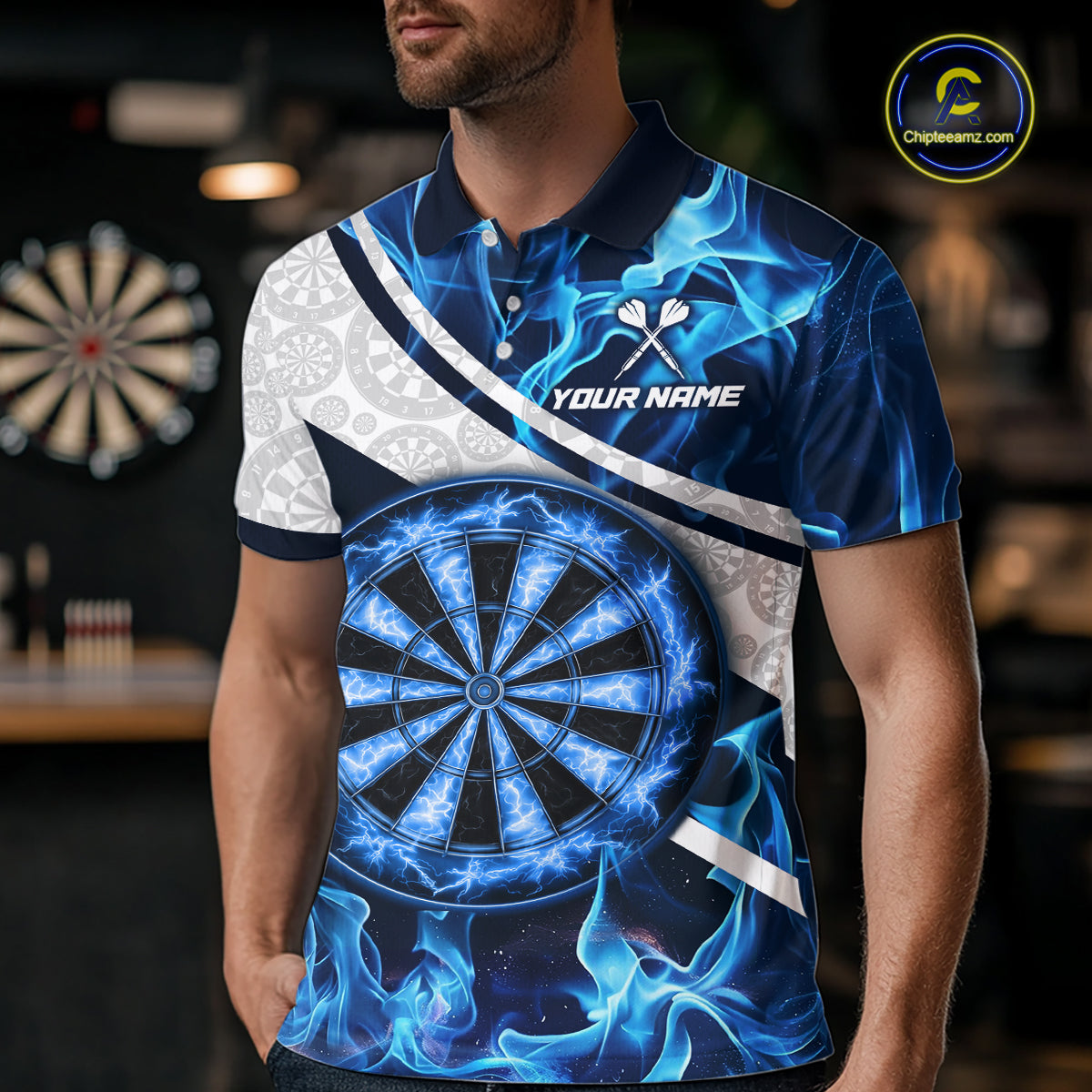 Personalized Blue Flaming Thunder Dartboard Men Darts Polo & 1/4-Zip Shirts Dart Team Jerseys NYN2801