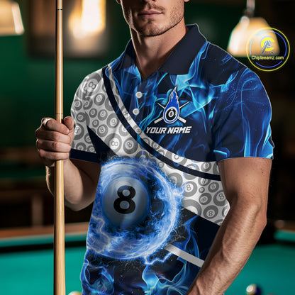 Personalized Blue Flaming Thunder 8 Ball Pool Billiard Shirts For Men Billiard Attire Gifts NYN2802