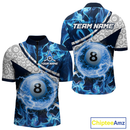 Personalized Blue Flaming Thunder 8 Ball Pool Billiard Shirts For Men Billiard Attire Gifts NYN2802