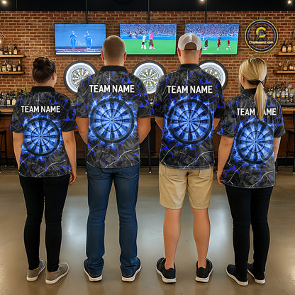 Custom Grey Blue Flaming Dartboard Darts Men Polo & 1/4-Zip Shirts Dart Team Jerseys NYN2806