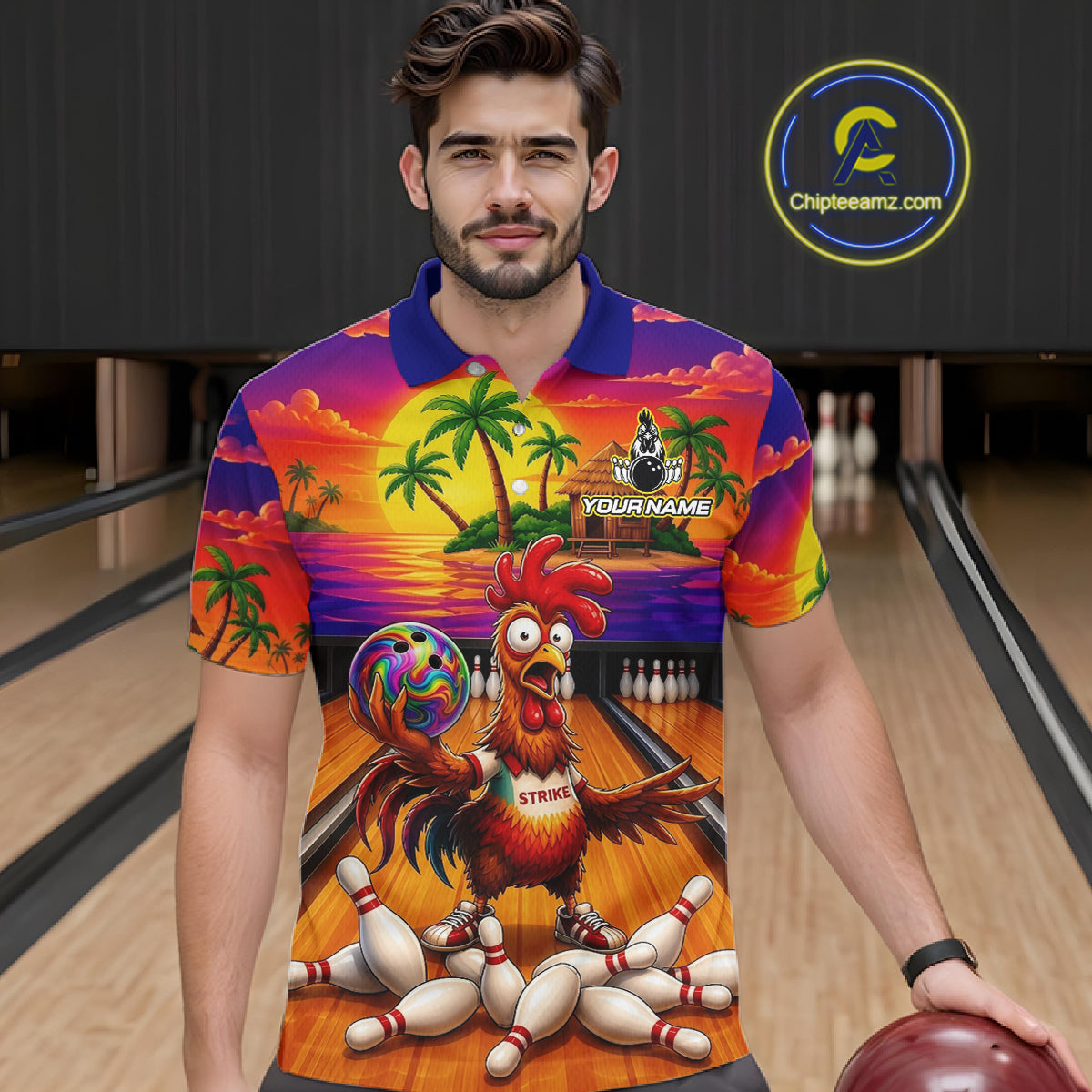 Funny Colorful Rooster Bowling Jerseys For Men Custom Summer Bowling Shirt Team Attire NYN3183