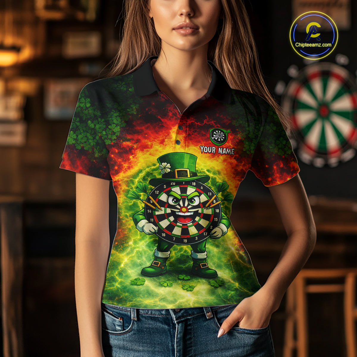Funny Shamrock Dartboard & Arrow Women Darts Polo Shirt Custom St Patrick's Day Dart League Shirt NYN2650