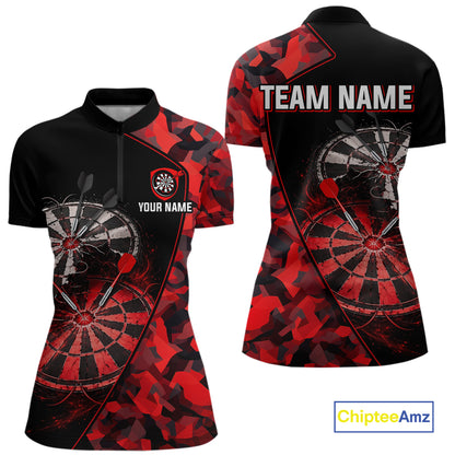 Personalized Camouflage Cracked Black And Red Dartboard Women Polo & 1/4-Zip Shirts Dart Team Jerseys NYN2809