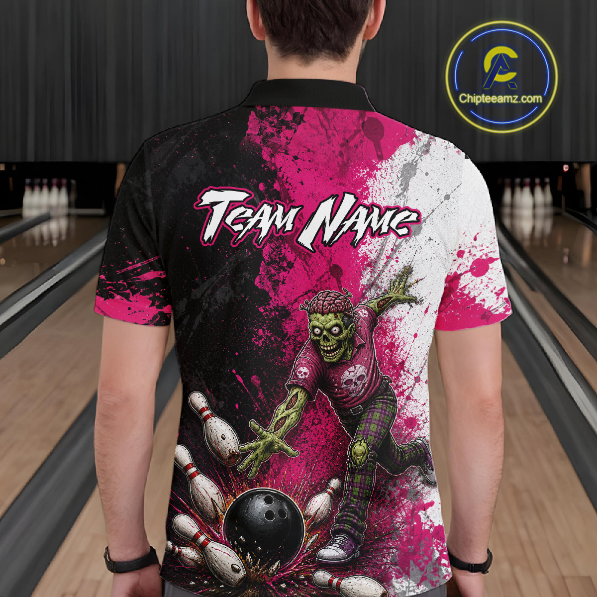 Grunge Black, White And Pink Zombie Men Bowling Shirts Personalized Skull Bowling Team Outfits NYN3188