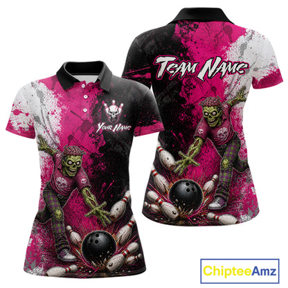 Grunge Black, White And Pink Zombie Women Bowling Shirts Personalized Skull Bowling Team Outfits NYN3188