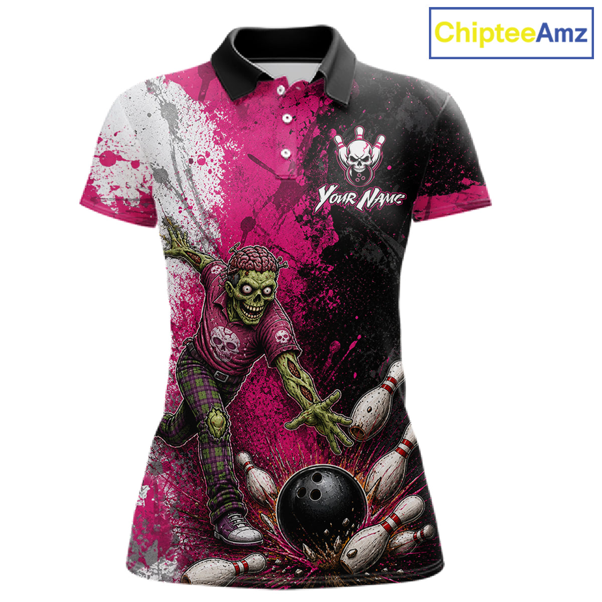 Grunge Black, White And Pink Zombie Women Bowling Shirts Personalized Skull Bowling Team Outfits NYN3188