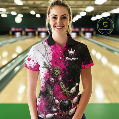Grunge Black, White And Pink Zombie Women Bowling Shirts Personalized Skull Bowling Team Outfits NYN3188