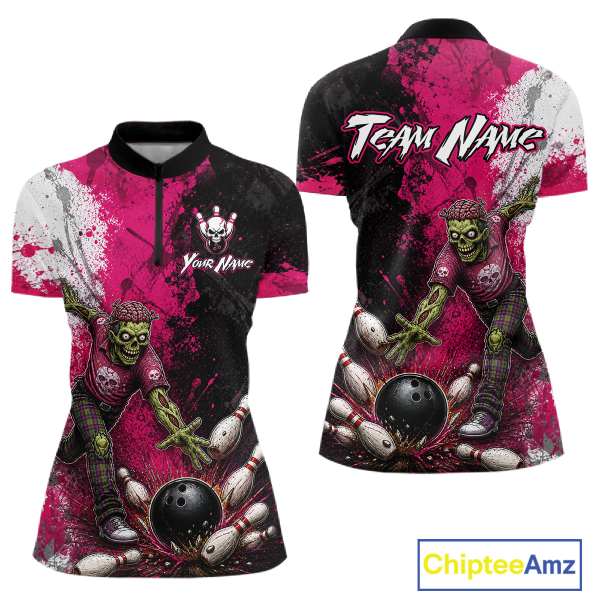 Grunge Black, White And Pink Zombie Women Bowling Shirts Personalized Skull Bowling Team Outfits NYN3188