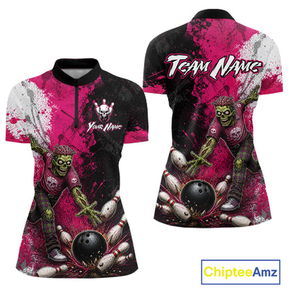 Grunge Black, White And Pink Zombie Women Bowling Shirts Personalized Skull Bowling Team Outfits NYN3188