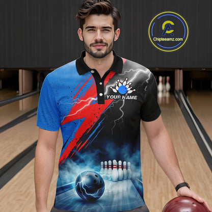 Thunder Lightning Bowling Polo 1/4-Zip Shirts For Men Custom Blue Smokes Team Bowling Jerseys NYN3453