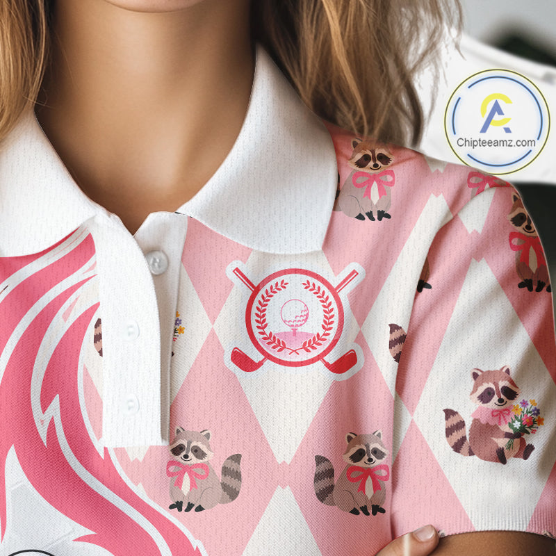 Women's model wearing Glitter Raccoon Golf Polo Shirt, sparkling golf apparel, personalized golf outfit, women's golf club clothing, custom golf team fashion, cute golf lifestyle
