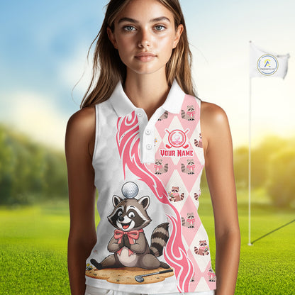 Women's model wearing Glitter Raccoon Golf Polo Shirt, sparkling golf apparel, personalized golf outfit, women's golf club clothing, custom golf team fashion, cute golf lifestyle.
