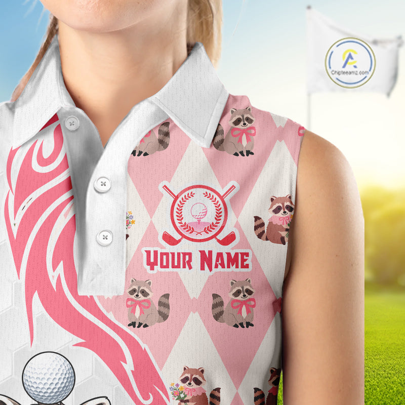 Women's model wearing Glitter Raccoon Golf Polo Shirt, sparkling golf apparel, personalized golf outfit, women's golf club clothing, custom golf team fashion, cute golf lifestyle.
