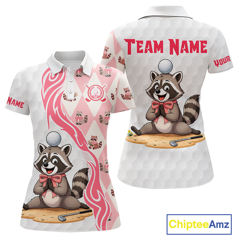 1 Pink and White Glitter Raccoon Women's Golf Polo Shirt mockup, personalized golf polo, glitter golf apparel, raccoon mascot golf clothing, custom golf team uniform, stylish golf fashion.