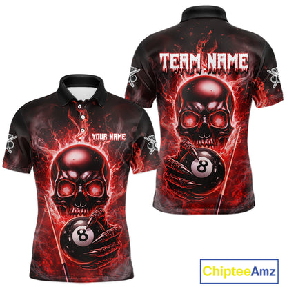 Red Flames Skull Hoding 8 Ball Pool Men Polo & 1/4-Zip Shirt Custom Billiards Ball Jerseys NYN2428