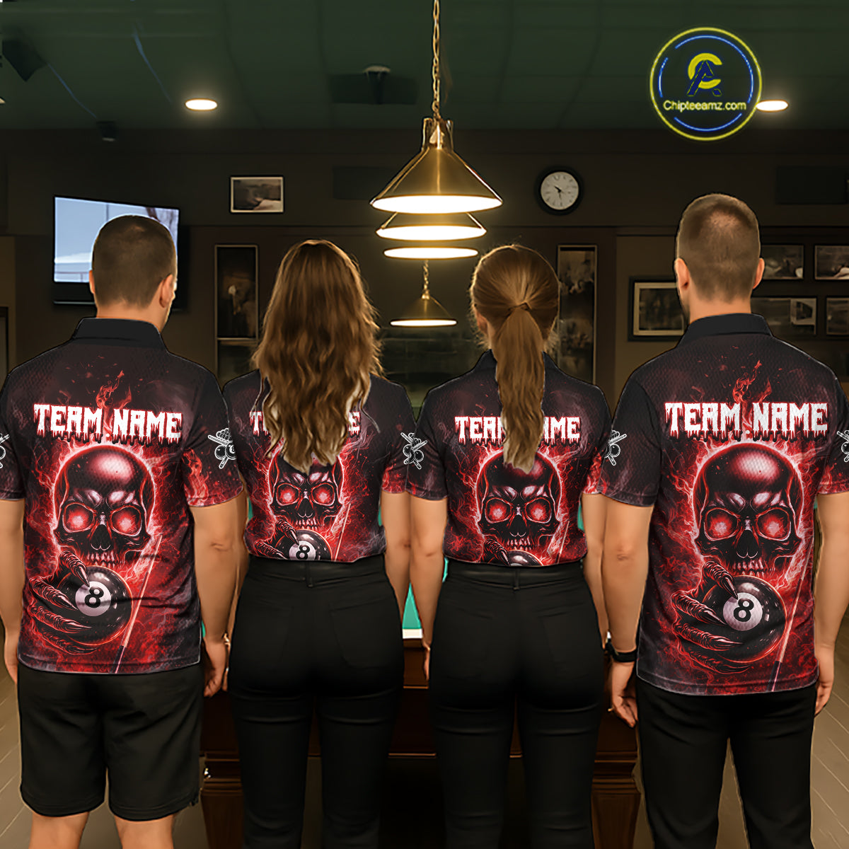 Red Flames Skull Hoding 8 Ball Pool Men Polo & 1/4-Zip Shirt Custom Billiards Ball Jerseys NYN2428