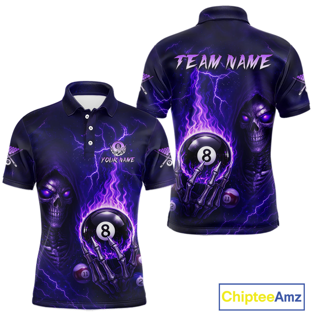 Fire Flame Purple 8 Ball Pool Billiard Team Shirt For Men Custom Grim Reaper Billiard Jerseys NYN2438