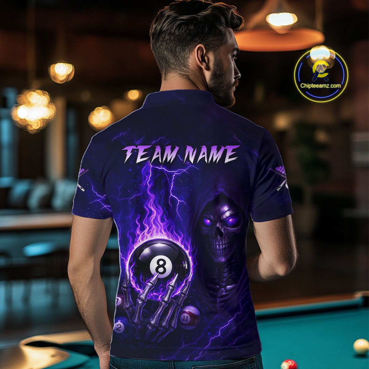 Fire Flame Purple 8 Ball Pool Billiard Team Shirt For Men Custom Grim Reaper Billiard Jerseys NYN2438