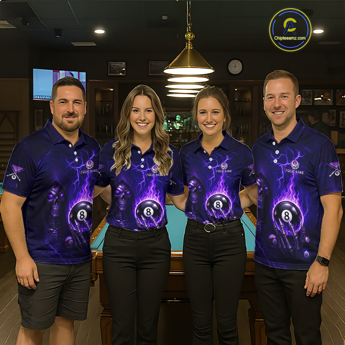 Fire Flame Purple 8 Ball Pool Billiard Team Shirt For Women Custom Grim Reaper Billiard Jerseys NYN2438