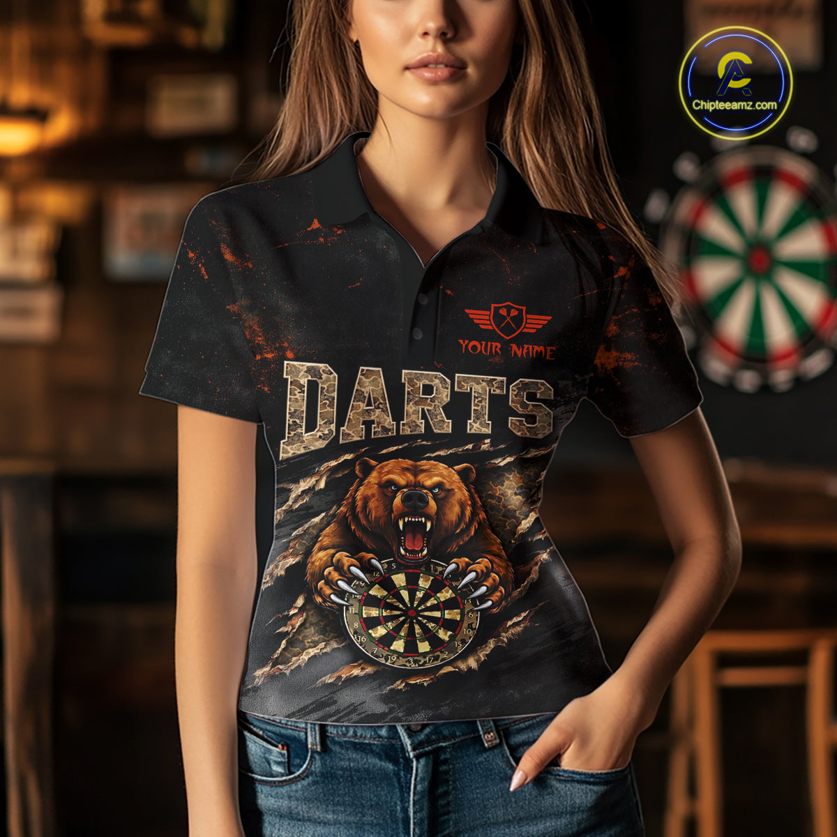 Personalized Funny Bear Grunge Camouflage Darts Polo & 1/4-Zip Shirts For Women Dart Team Jerseys NYN2814