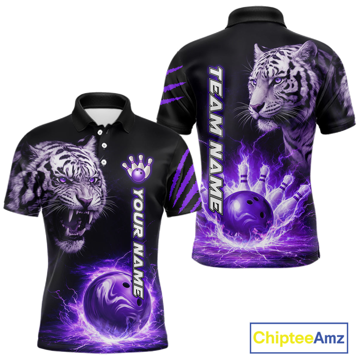 Purple Flames Tiger Custom Men Bowling Polo & Quarter-Zip Shirts Flame Bowling Team Jerseys NYN3012