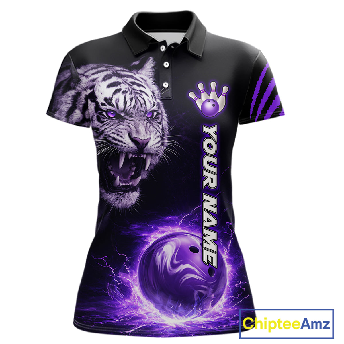 Purple Flames Tiger Custom Women Bowling Polo & Quarter-Zip Shirts Flame Bowling Team Jerseys NYN3012