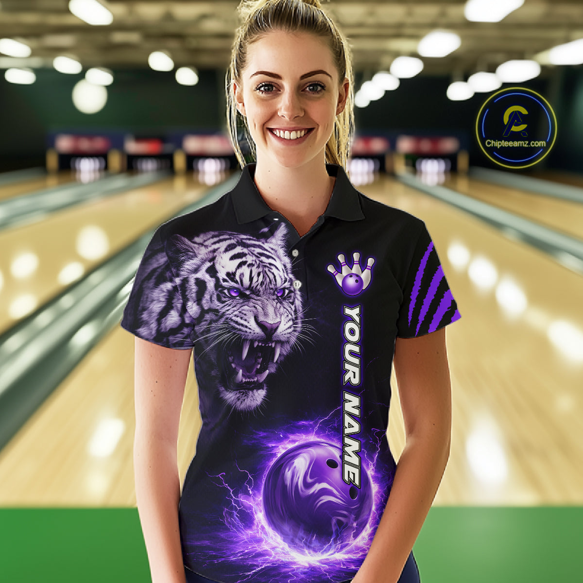 Purple Flames Tiger Custom Women Bowling Polo & Quarter-Zip Shirts Flame Bowling Team Jerseys NYN3012