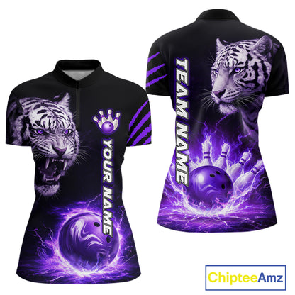 Purple Flames Tiger Custom Women Bowling Polo & Quarter-Zip Shirts Flame Bowling Team Jerseys NYN3012