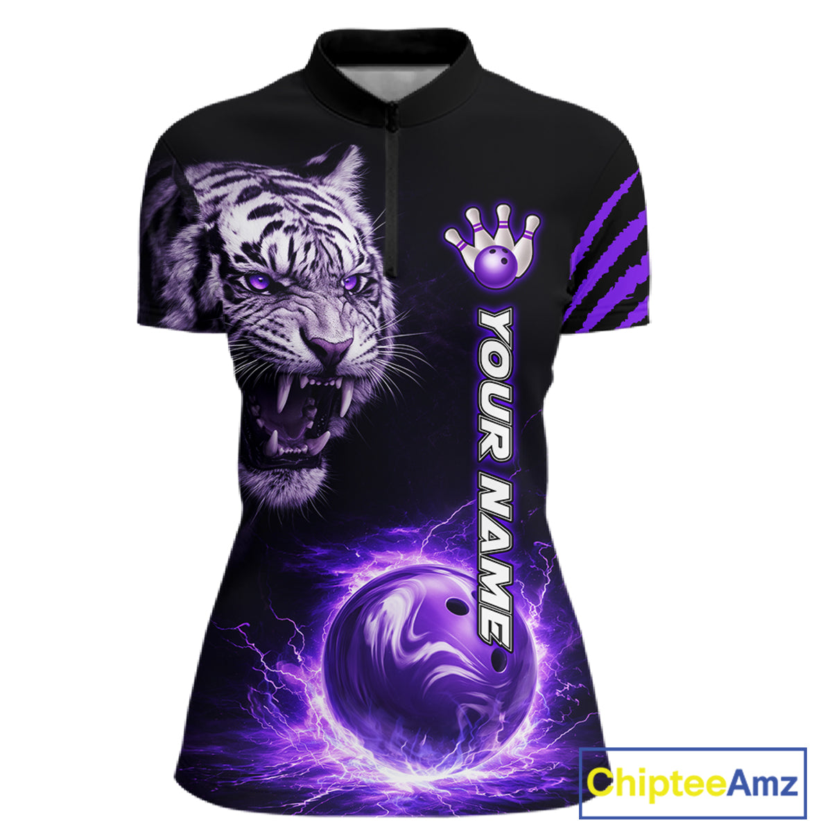 Purple Flames Tiger Custom Women Bowling Polo & Quarter-Zip Shirts Flame Bowling Team Jerseys NYN3012