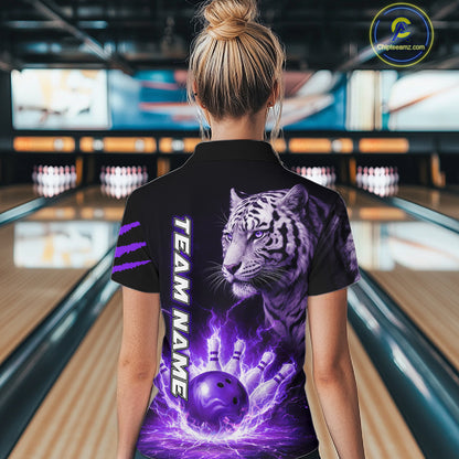 Purple Flames Tiger Custom Women Bowling Polo & Quarter-Zip Shirts Flame Bowling Team Jerseys NYN3012