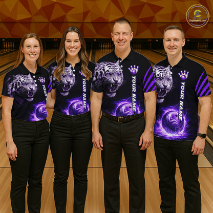Purple Flames Tiger Custom Women Bowling Polo & Quarter-Zip Shirts Flame Bowling Team Jerseys NYN3012