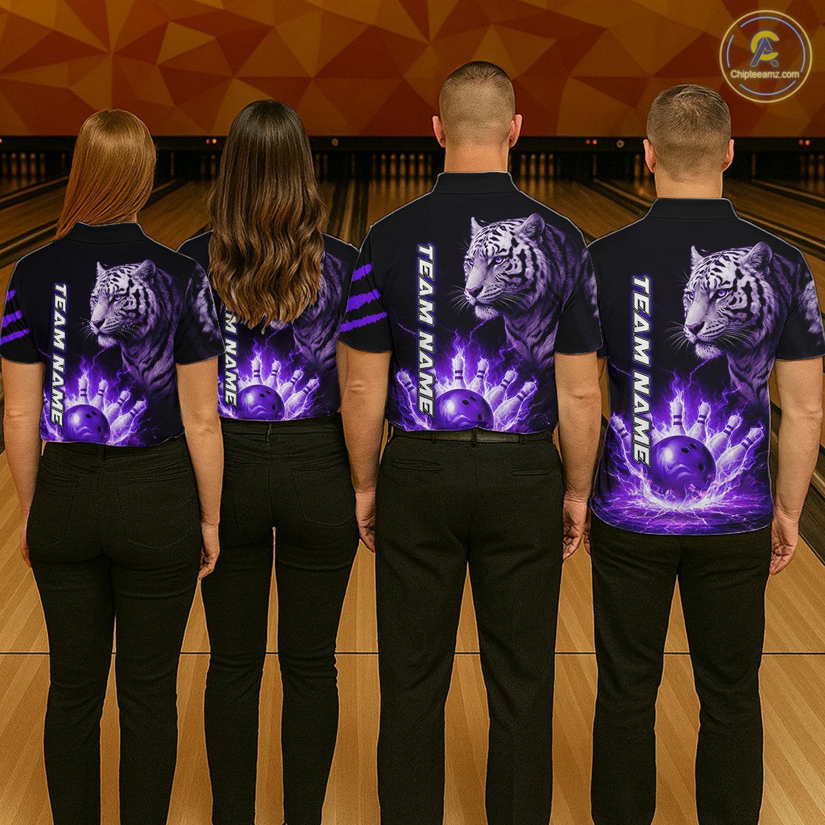 Purple Flames Tiger Custom Women Bowling Polo & Quarter-Zip Shirts Flame Bowling Team Jerseys NYN3012