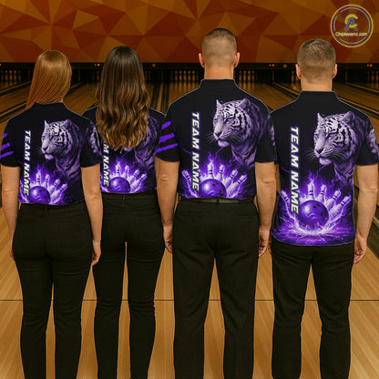 Purple Flames Tiger Custom Women Bowling Polo & Quarter-Zip Shirts Flame Bowling Team Jerseys NYN3012