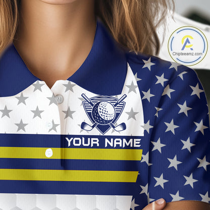 American Flag Womens Golf Polo Shirt Custom Yellow And Blue Patriotic Golf Team Shirt Golf Tops NYN4042