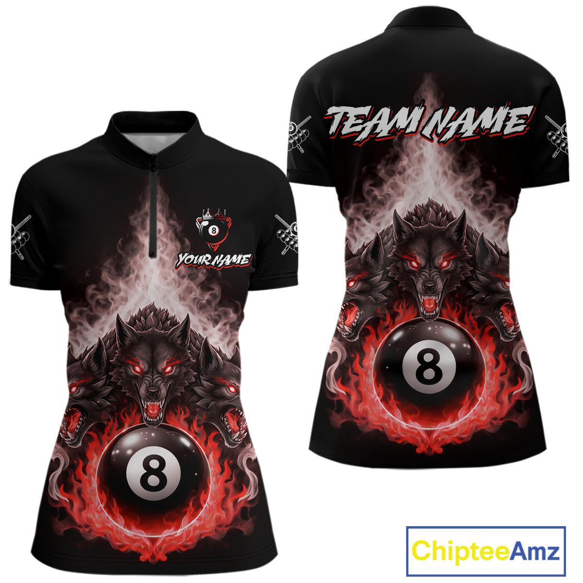Custom Horror Wolfs Black Red Smokes Pool 8 Ball Women's Billiard Team Shirt Billiard Attire NYN2668