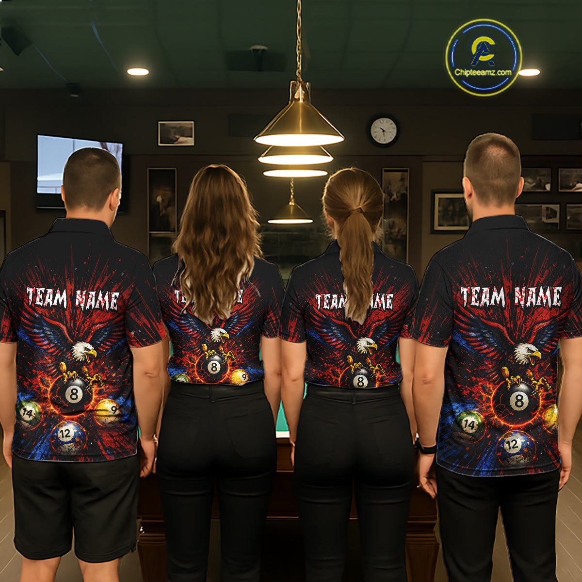 Custom Grunge Paint Blue & Red Eagle Pool 8 Ball Women's Billiard Team Shirt Billiard Attire NYN2670