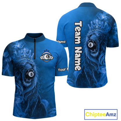 Personalized Blue Grunge Smoke Crown Lion 8 Ball Pool Billiard Shirts For Men Billiard Attire Gifts NYN2827