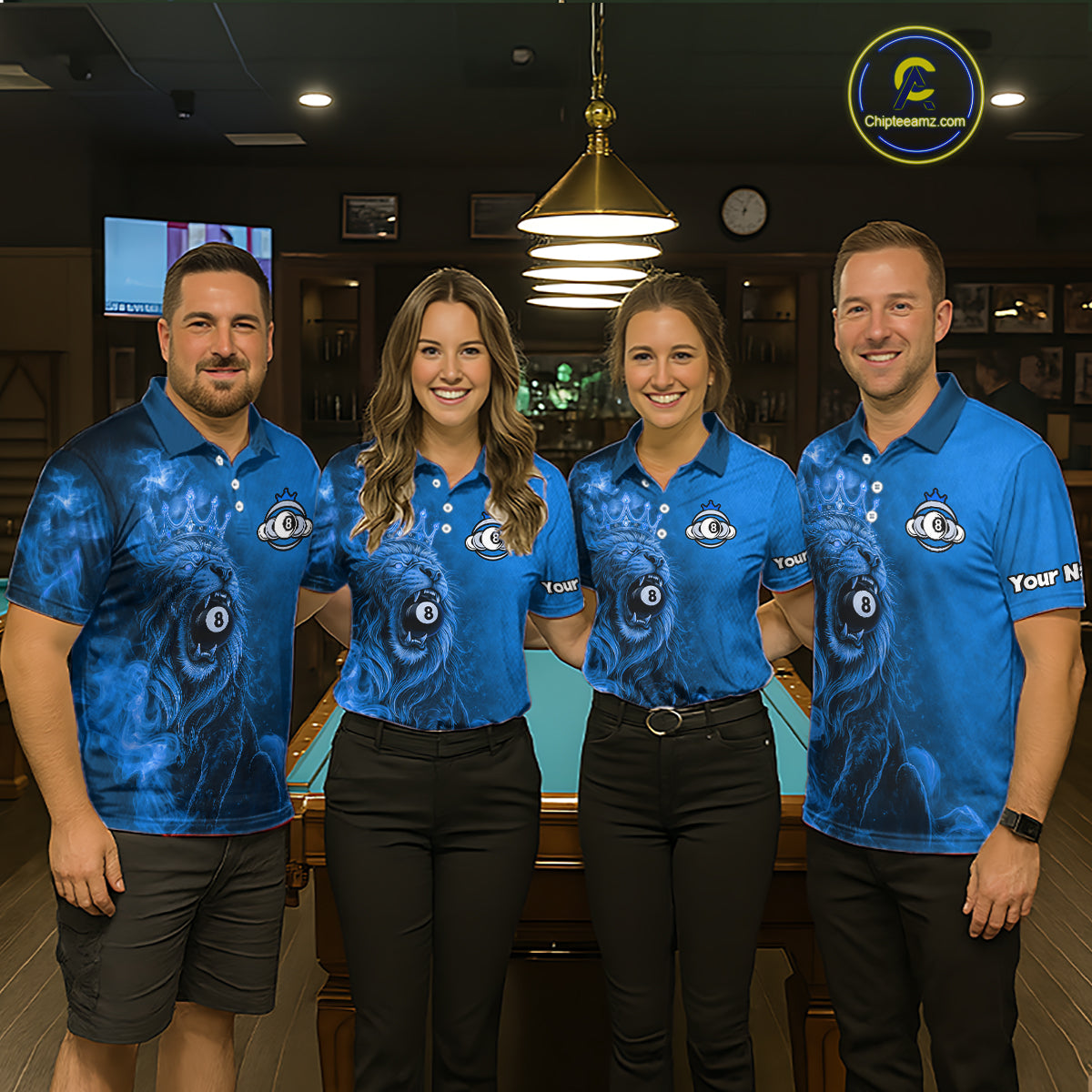 Personalized Blue Grunge Smoke Crown Lion 8 Ball Pool Billiard Shirts For Men Billiard Attire Gifts NYN2827