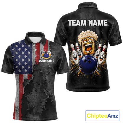 American Flag Grunge Patriotic Bowling Shirt For Men Custom Funny Beer Bowling Tournament Jersey NYN3748