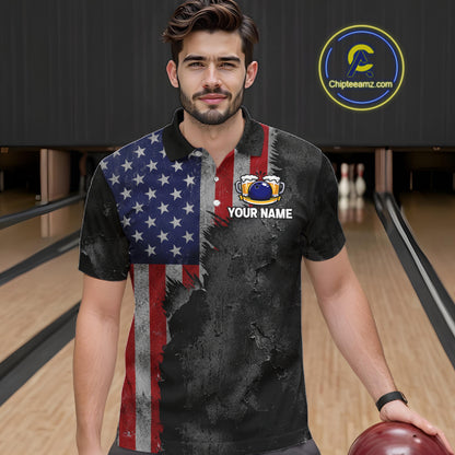 American Flag Grunge Patriotic Bowling Shirt For Men Custom Funny Beer Bowling Tournament Jersey NYN3748