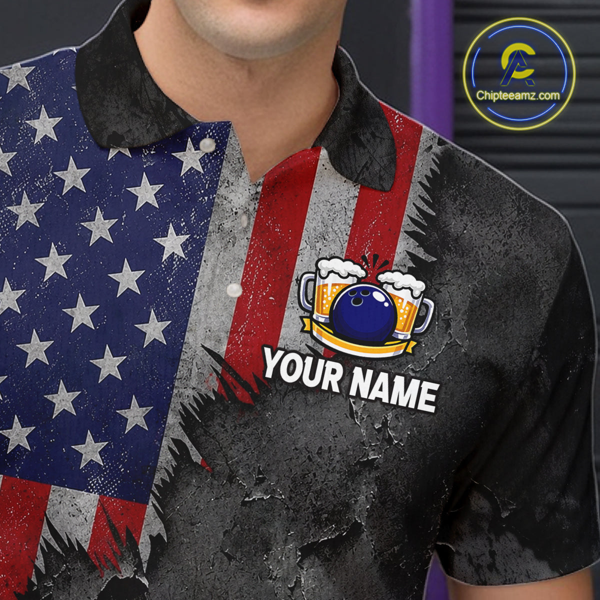 American Flag Grunge Patriotic Bowling Shirt For Men Custom Funny Beer Bowling Tournament Jersey NYN3748