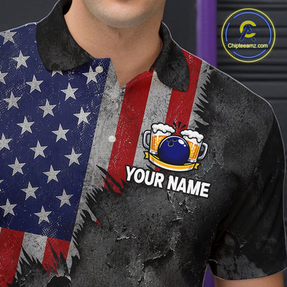 American Flag Grunge Patriotic Bowling Shirt For Men Custom Funny Beer Bowling Tournament Jersey NYN3748