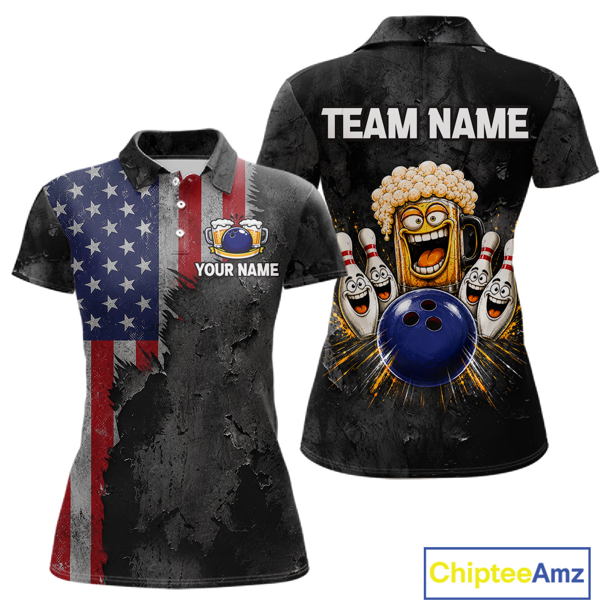 American Flag Grunge Patriotic Bowling Shirt For Women Custom Funny Beer Bowling Tournament Jersey NYN3748