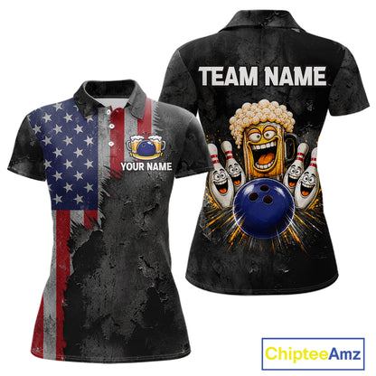 American Flag Grunge Patriotic Bowling Shirt For Women Custom Funny Beer Bowling Tournament Jersey NYN3748