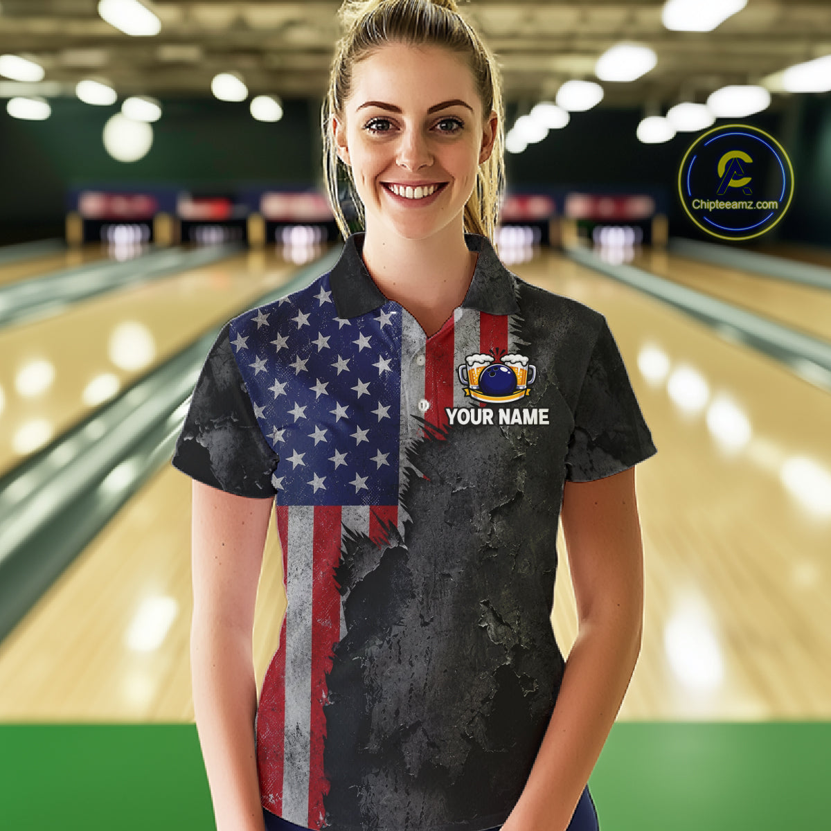 American Flag Grunge Patriotic Bowling Shirt For Women Custom Funny Beer Bowling Tournament Jersey NYN3748