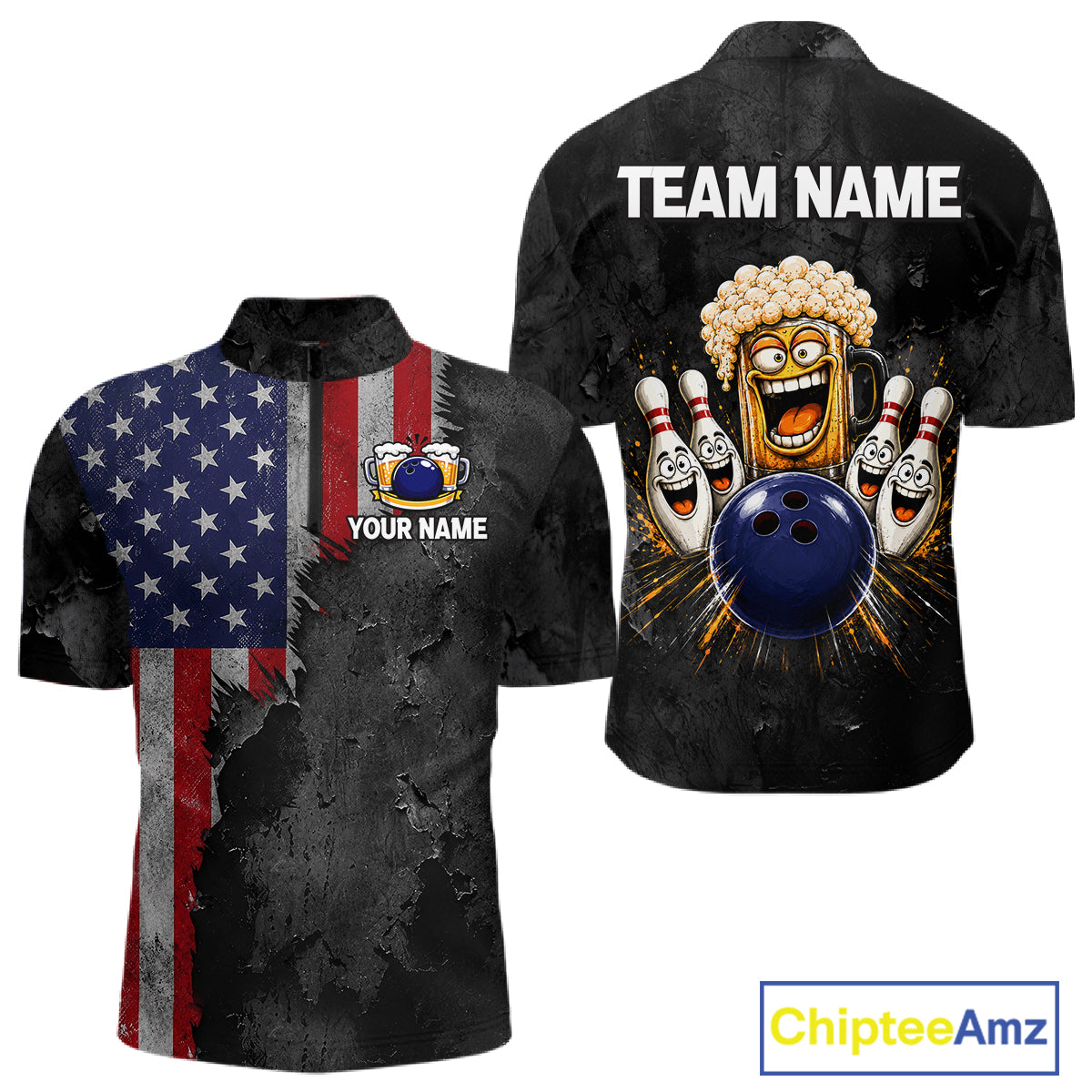 American Flag Grunge Patriotic Bowling Shirt For Men Custom Funny Beer Bowling Tournament Jersey NYN3748